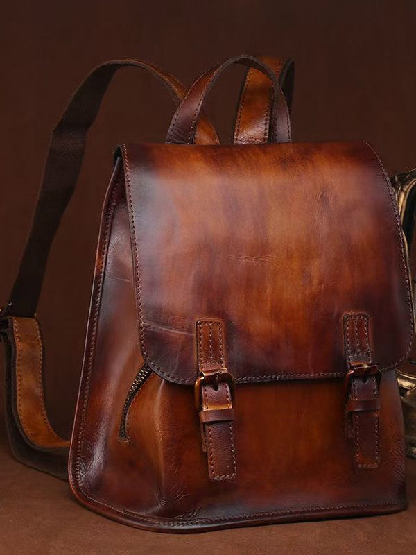 Handmade Retro Brown Large Capacity Calf Leather Backpack Bag