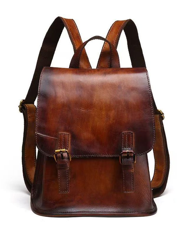 Handmade Retro Brown Large Capacity Calf Leather Backpack Bag