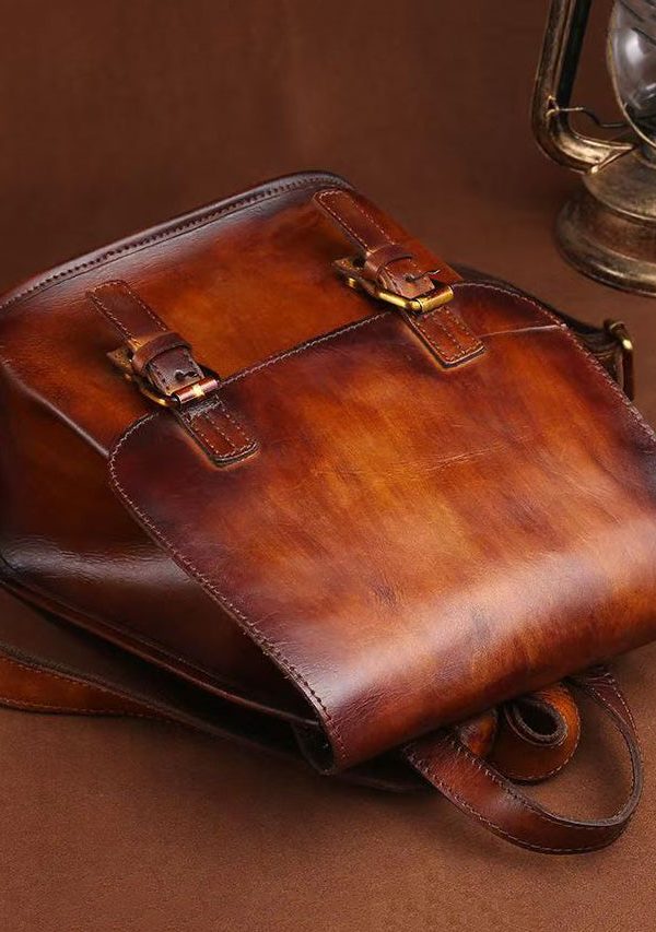 Handmade Retro Brown Large Capacity Calf Leather Backpack Bag