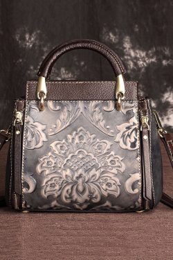Handmade Retro Coffee Embossed Calf Leather Tote Handbag