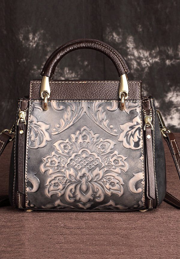 Handmade Retro Coffee Embossed Calf Leather Tote Handbag