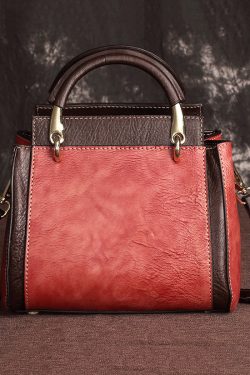 Handmade Retro Coffee Embossed Calf Leather Tote Handbag