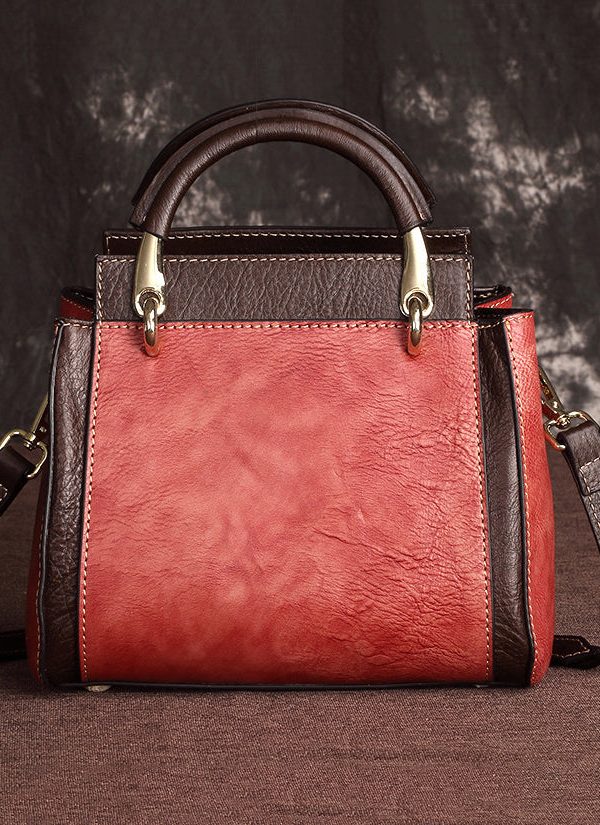 Handmade Retro Coffee Embossed Calf Leather Tote Handbag