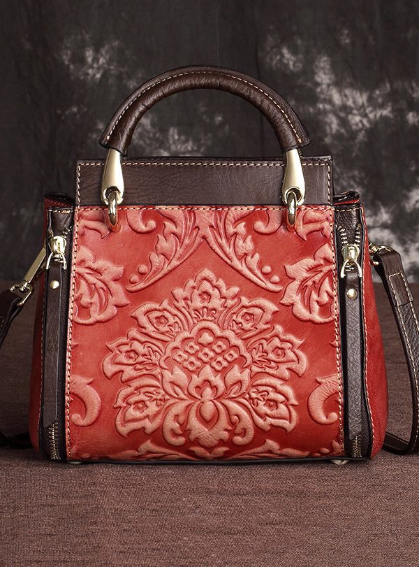 Handmade Retro Coffee Embossed Calf Leather Tote Handbag