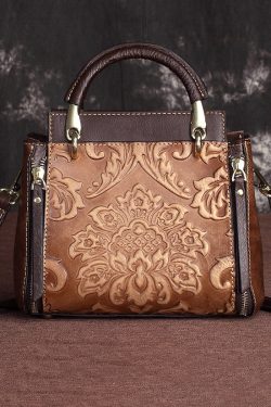 Handmade Retro Coffee Embossed Calf Leather Tote Handbag