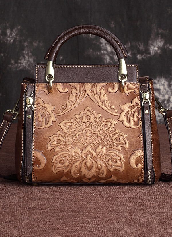 Handmade Retro Coffee Embossed Calf Leather Tote Handbag