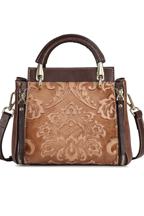 Handmade Retro Coffee Embossed Calf Leather Tote Handbag