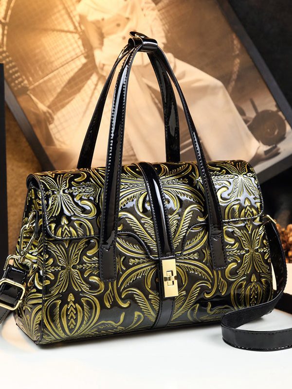 Handmade Retro Large Capacity Embossed Calf Leather Tote Handbag