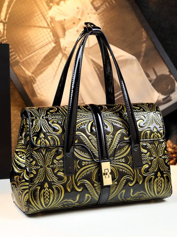 Handmade Retro Large Capacity Embossed Calf Leather Tote Handbag