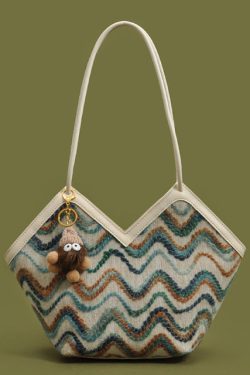 Handmade Striped Patchwork Faux Leather Woolen Shoulder Bags