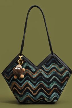 Handmade Striped Patchwork Faux Leather Woolen Shoulder Bags