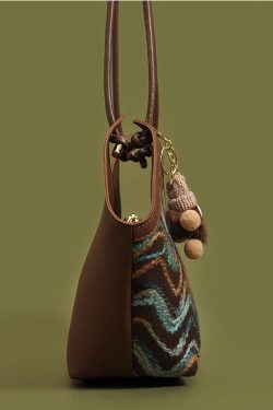 Handmade Striped Patchwork Faux Leather Woolen Shoulder Bags