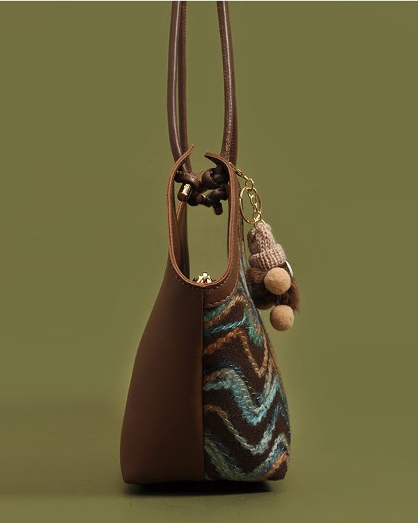 Handmade Striped Patchwork Faux Leather Woolen Shoulder Bags