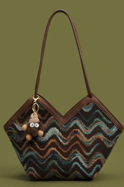 Handmade Striped Patchwork Faux Leather Woolen Shoulder Bags