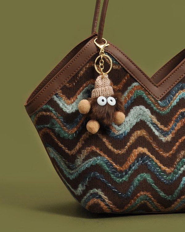 Handmade Striped Patchwork Faux Leather Woolen Shoulder Bags