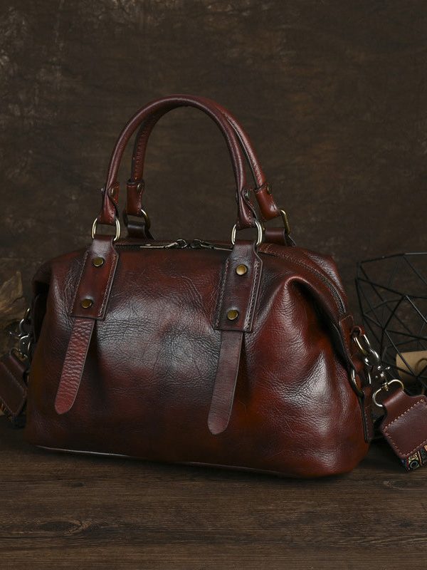 Handmade Vintage Coffee Large Capacity Calf Leather Tote Handbag