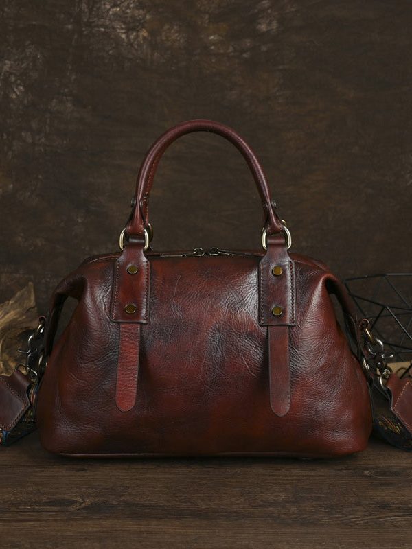 Handmade Vintage Coffee Large Capacity Calf Leather Tote Handbag