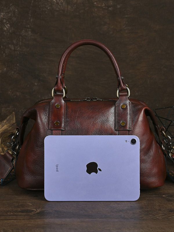 Handmade Vintage Coffee Large Capacity Calf Leather Tote Handbag