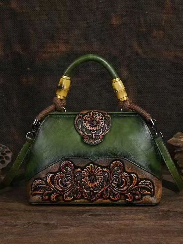 Handmade Vintage Red Embossed Calf Leather Tote Messenger Bag