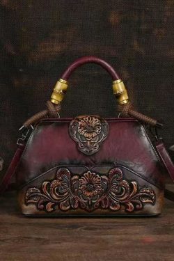 Handmade Vintage Red Embossed Calf Leather Tote Messenger Bag