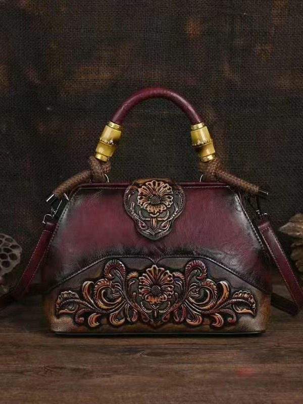 Handmade Vintage Red Embossed Calf Leather Tote Messenger Bag