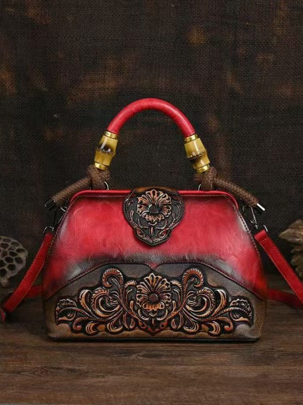 Handmade Vintage Red Embossed Calf Leather Tote Messenger Bag