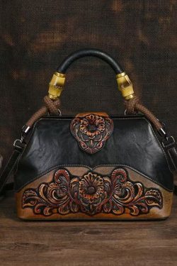 Handmade Vintage Red Embossed Calf Leather Tote Messenger Bag