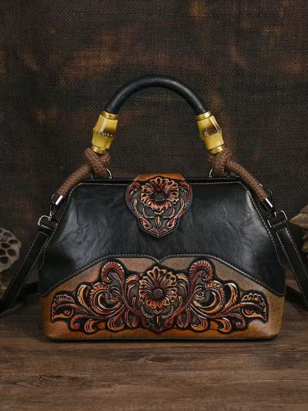 Handmade Vintage Red Embossed Calf Leather Tote Messenger Bag