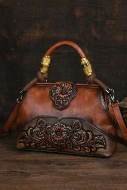 Handmade Vintage Red Embossed Calf Leather Tote Messenger Bag