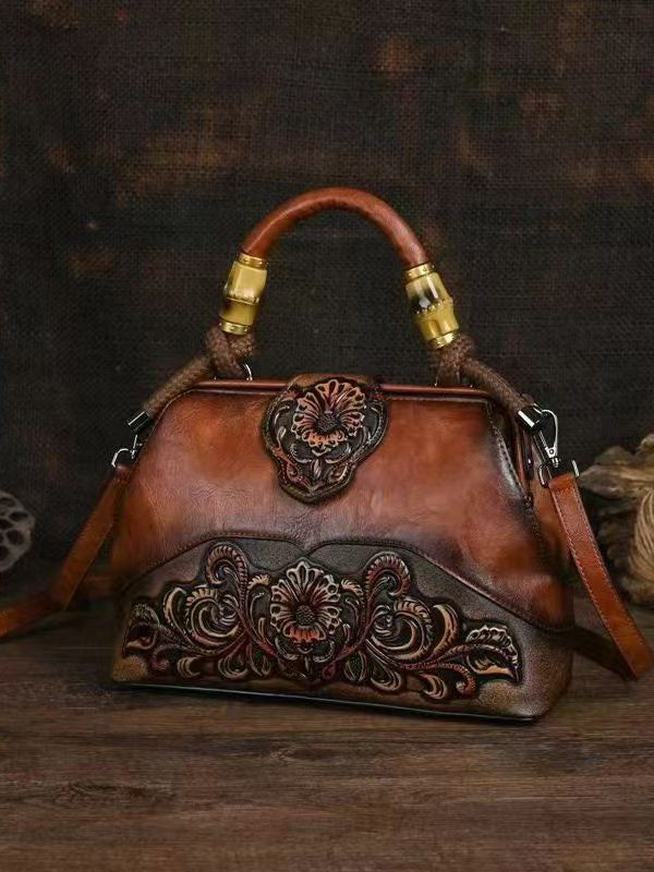 Handmade Vintage Red Embossed Calf Leather Tote Messenger Bag