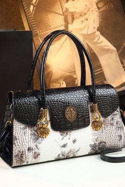 Handmade White Print Solid Durable Faux Leather Tote Handbag