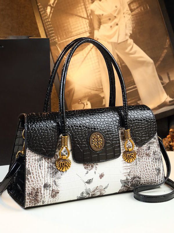 Handmade White Print Solid Durable Faux Leather Tote Handbag