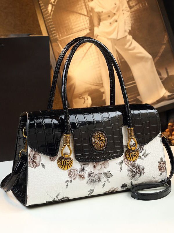 Handmade White Print Solid Durable Faux Leather Tote Handbag