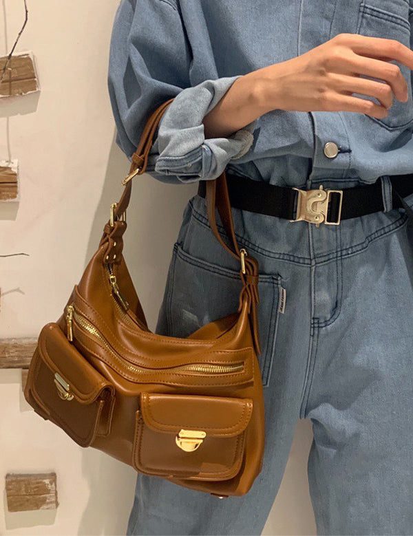 Handmade White Solid Durable Pockets Faux Leather Messenger Bag