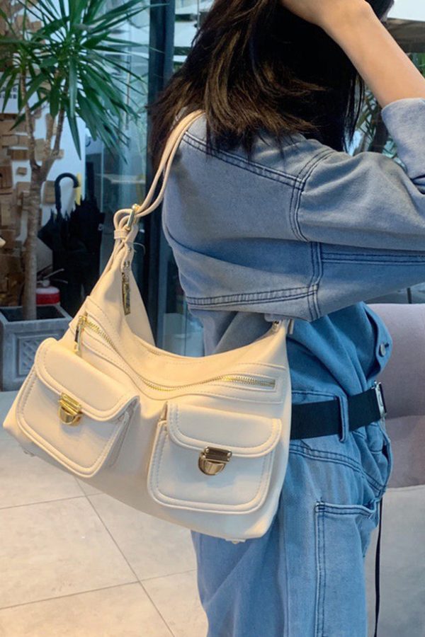 Handmade White Solid Durable Pockets Faux Leather Messenger Bag