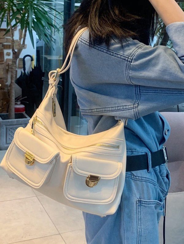 Handmade White Solid Durable Pockets Faux Leather Messenger Bag
