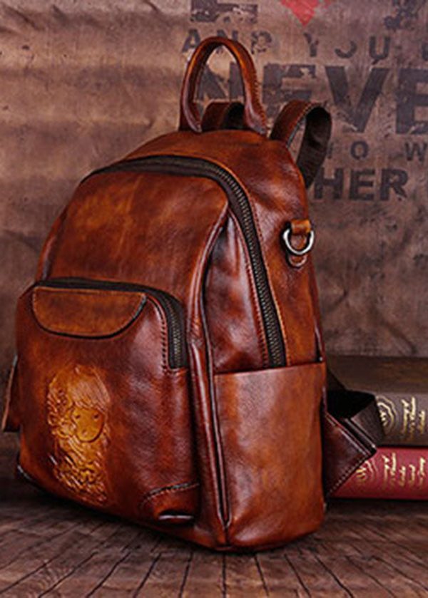 Handmade Yellow Versatile Paitings Calf Leather Backpack Bag