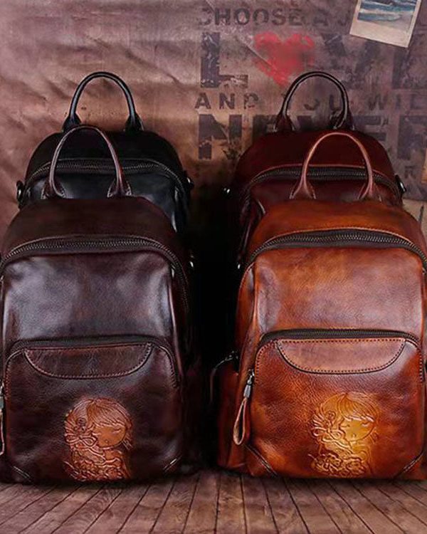 Handmade Yellow Versatile Paitings Calf Leather Backpack Bag