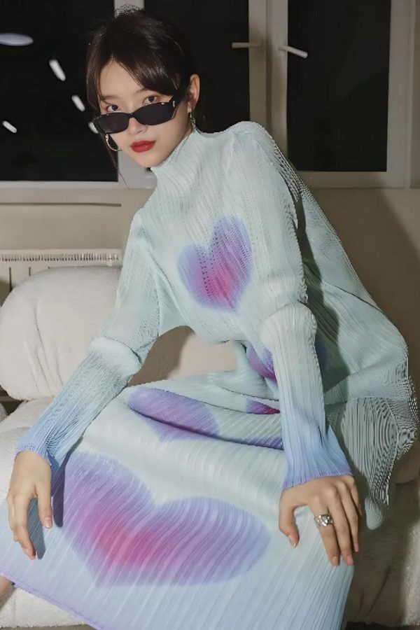 Heart Pleated Top & Midi Skirt Two Piece Set