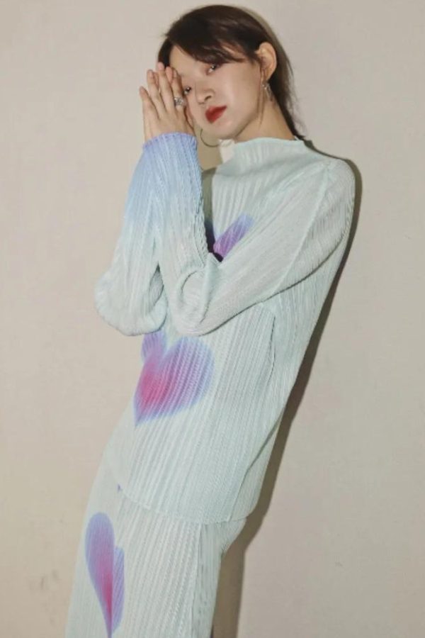 Heart Pleated Top & Midi Skirt Two Piece Set