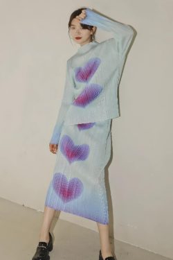 Heart Pleated Top & Midi Skirt Two Piece Set