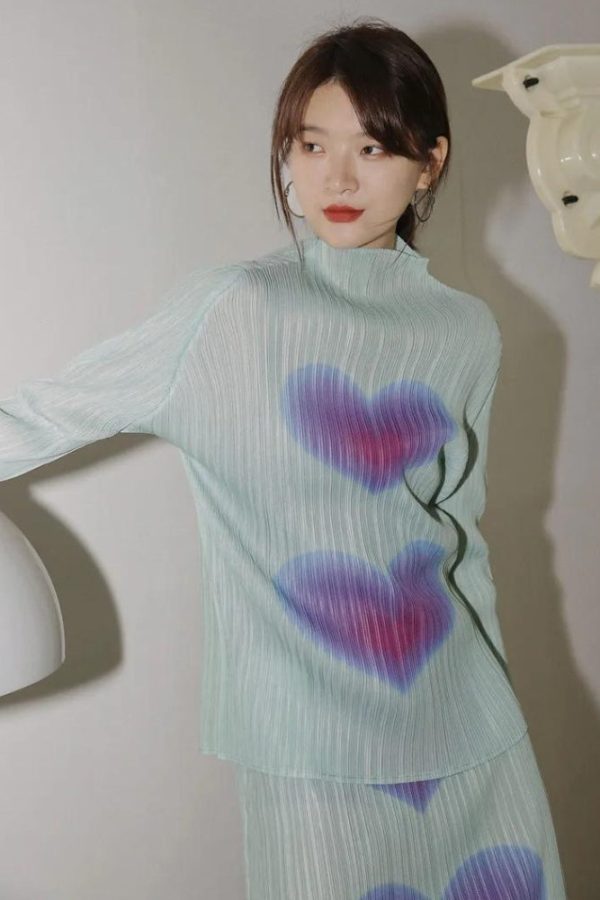 Heart Pleated Top & Midi Skirt Two Piece Set