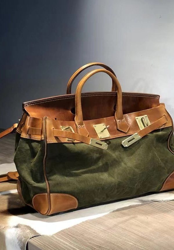 Italian Army Green Calf Leather Patchwork Tote Handbag