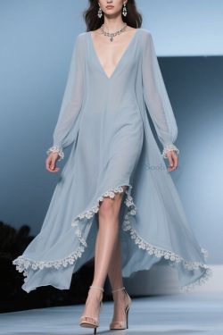 Italian Blue Asymmetrical Lace Chiffon Long Dresses Lantern Sleeve