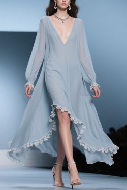 Italian Blue Asymmetrical Lace Chiffon Long Dresses Lantern Sleeve