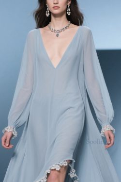Italian Blue Asymmetrical Lace Chiffon Long Dresses Lantern Sleeve