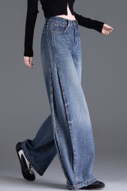 Italian Blue Oversized Warm Fleece Denim Wide Leg Pants Winter