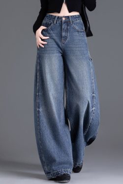 Italian Blue Oversized Warm Fleece Denim Wide Leg Pants Winter