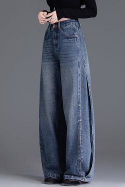 Italian Blue Oversized Warm Fleece Denim Wide Leg Pants Winter