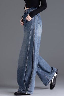 Italian Blue Oversized Warm Fleece Denim Wide Leg Pants Winter